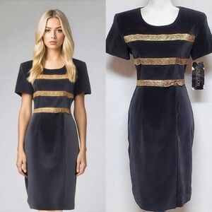 Deadstock Vintage 1980s Leslie Lucks Black Velvet Gold Grecian Faux Wrap Dress 4